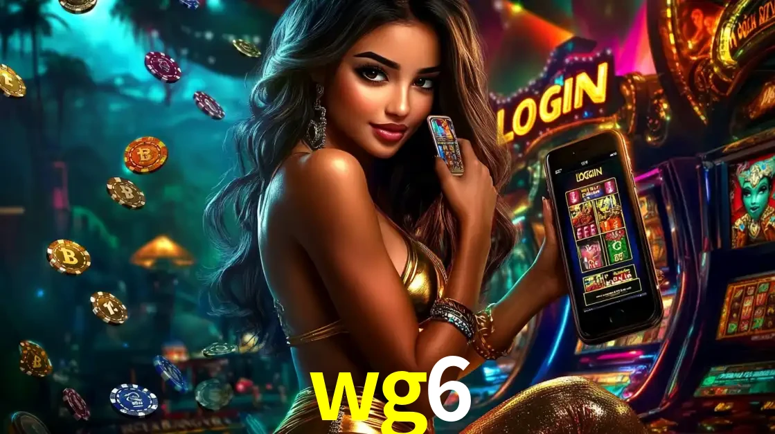 Mulher em um cenário de cassino temático de aventura, mostrando o app de caça-níqueis da wg6 no celular. Fichas de apostas flutuam ao redor.