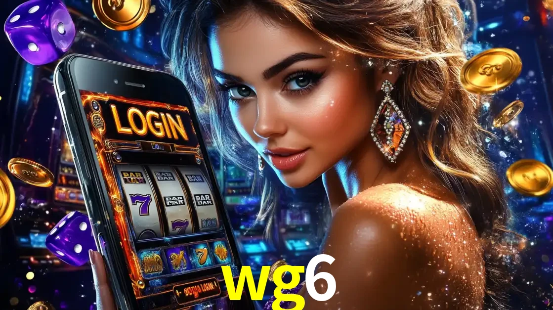 Mulher glamorosa segurando um smartphone com a tela de login para os jogos de caça-níqueis do cassino online wg6, com moedas de ouro e dados ao redor.