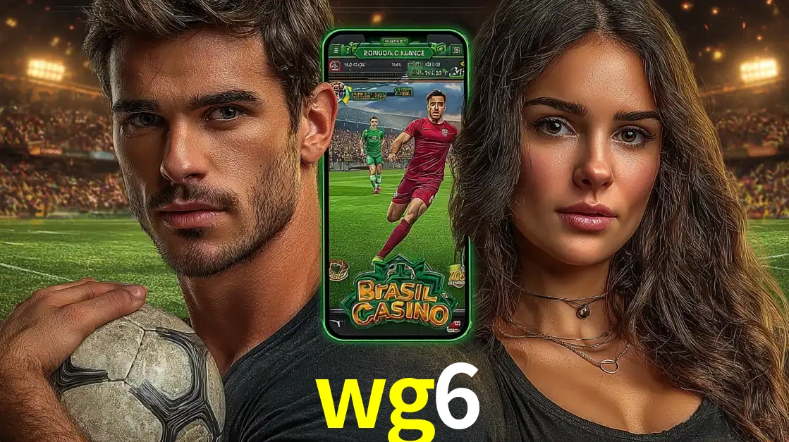 Homem segurando uma bola de futebol e uma mulher ao lado de um smartphone exibindo o jogo de apostas esportivas da wg6. Faça seu palpite no cassino online.